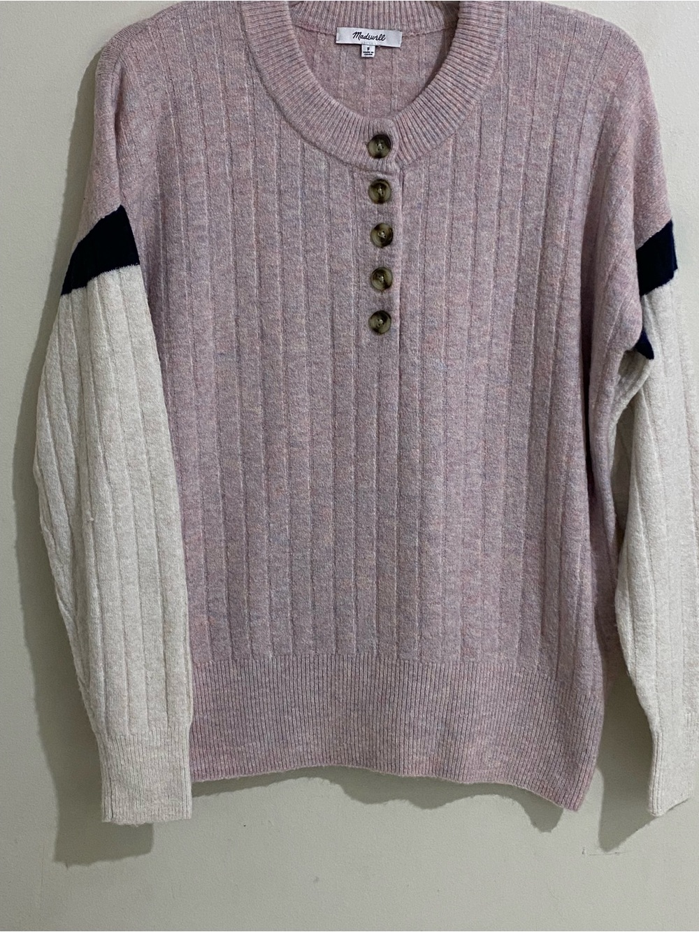 Madewell Pink Ribbed Henley Sweater with Cream and Navy Accents